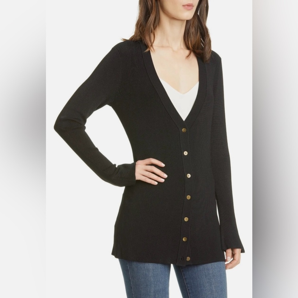 L'AGENCE Lucas Long Black Ribbed V-Neck Cardigan - Picture 2 of 4